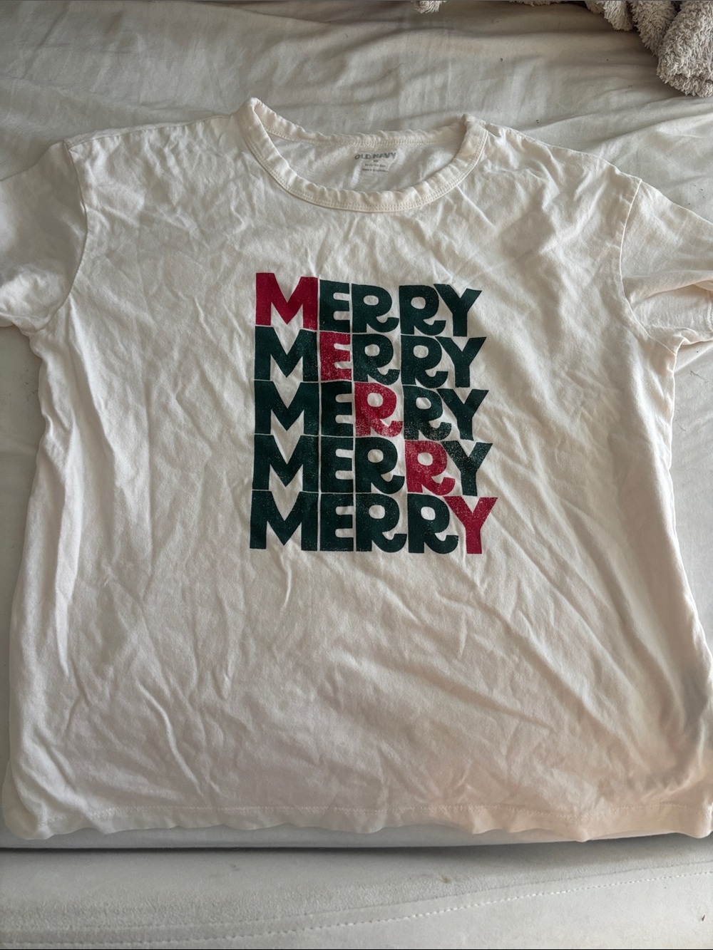 Old Navy Merry Graphic Tee - White with Red & Green Print XS